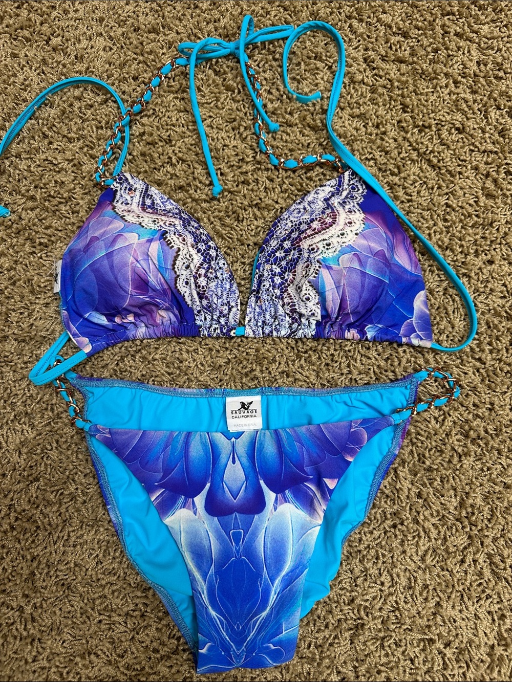 Women's Blue Floral Bikini Set with Lace Trim